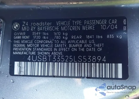 2005 BMW Z4 2.5I из США, поврежденный, VIN 4USBT33525LS53894